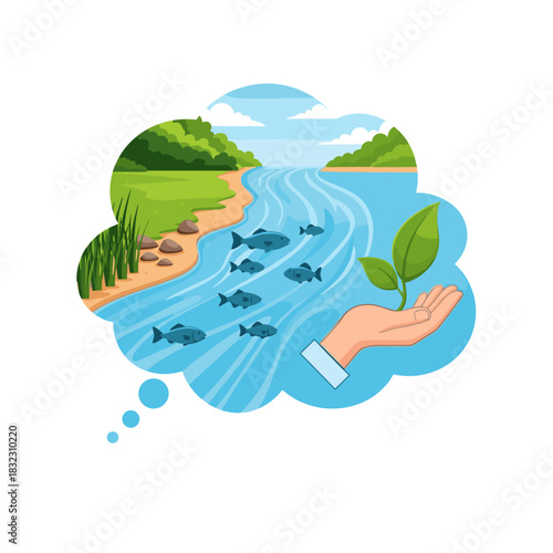 Illustration of river with fish and hand holding leaf in thought bubble  