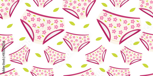 Floral underwear pattern  with women’s panties with  pink flower print and small green leaves on white background. Clean soft colors make it suitable for lingerie packaging, textile prints.
