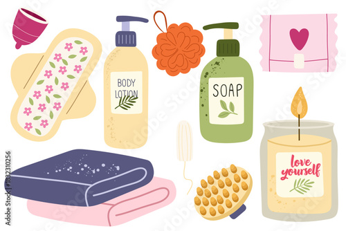 Women’s self-care set with feminine hygiene and wellness items, sanitary pads with floral print, tampons, menstrual cup, body lotion, liquid soap, towels, massage brush, shower sponge, scented candle.