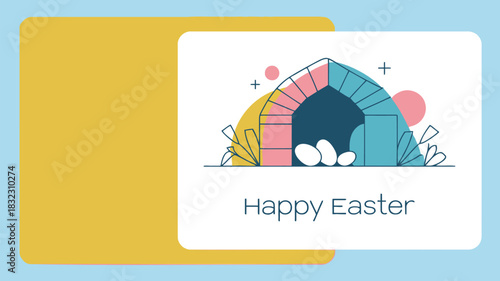 Happy easter greeting card with abstract colorful archway and eggs in minimalist flat design style