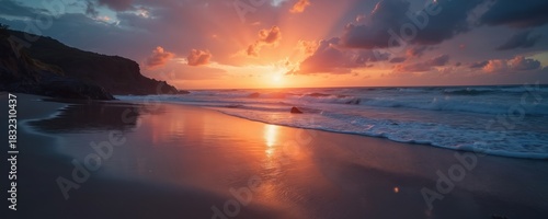 Fiery sunset paints dramatic sky over ocean waves. Wet sand reflects colorful light. Rocky cliff borders calm sea shore. Peaceful natural seascape.