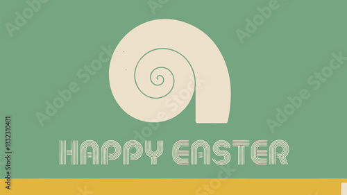 Minimalist happy easter greeting with a stylized seashell and retro font on a green background