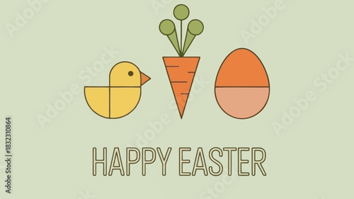 Simple flat design illustration of a yellow chick orange carrot and pink and orange egg with happy easter text