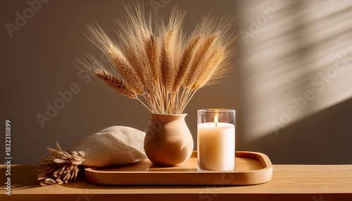 dried wheat stalks in a vase beside a candle on a wooden tray