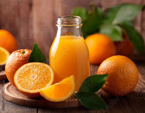 freshly squeezed orange juice in a glass bottle surrounded by whole and sliced oranges with green leaves on a rustic wooden table