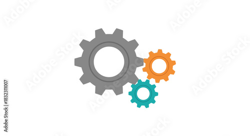 Three interlocking gears, one large gray, one medium orange, and one small teal, are positioned together on a plain white background, symbolizing teamwork and mechanical operation