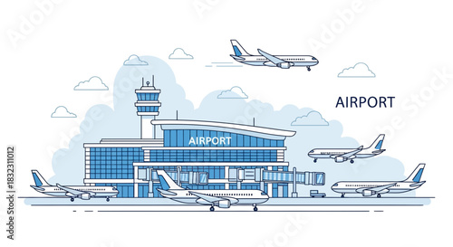A modern airport terminal with multiple airplanes on the tarmac and in the sky, illustrating air travel and aviation