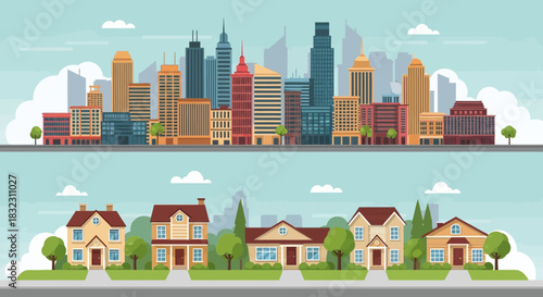 A vibrant illustration showcasing a modern cityscape with towering skyscrapers above a charming suburban neighborhood with quaint houses