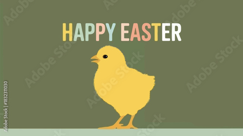 Cute yellow chick standing on a light surface with happy easter text in pastel colors