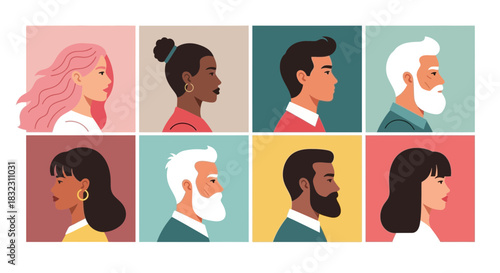 A diverse collection of peoples profiles, showcasing a variety of ages, genders, and ethnicities in a graphic illustration