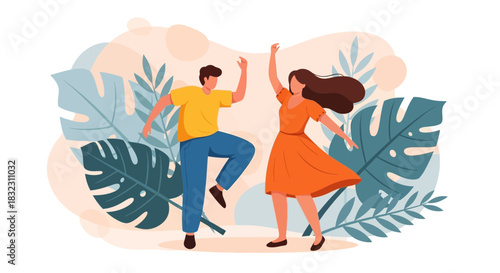 A man and woman joyfully dancing amidst lush tropical leaves, embodying a spirit of celebration and summer fun