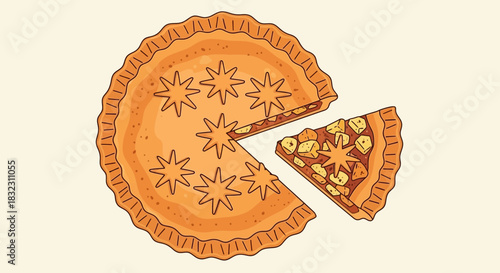 A delicious homemade pie with a flaky crust and a starshaped lattice topping, with one slice cut and removed, revealing a sweet fruit filling