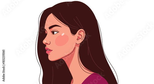 A stylized illustration of a young woman in profile, showcasing her facial features and long dark hair against a plain white background