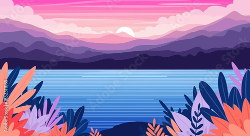 A vibrant sunset paints the sky with pink and purple hues over layered mountains and a serene lake, with colorful foliage framing the foreground