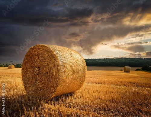 golden hay bale in a field under a dramatic sky