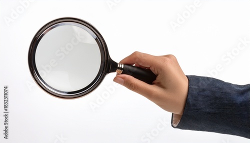 hand holding a magnifying glass with a large round lens isolated on white background