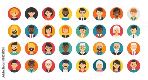 A diverse collection of circular avatar icons representing people of various ages, genders, ethnicities, and styles, set against a clean white background