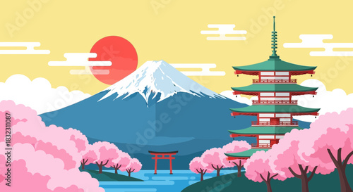 A serene japanese landscape featuring the iconic mount fuji, a traditional pagoda, and vibrant cherry blossoms in full bloom under a warm sun