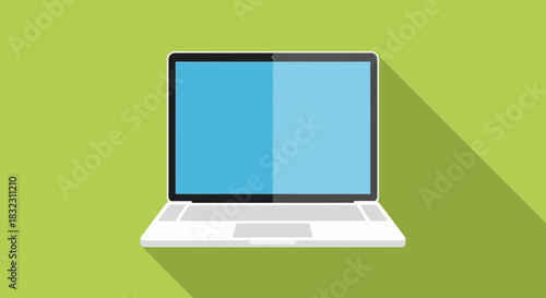 A modern flat design illustration of an open laptop computer with a blue screen and a grey keyboard, casting a long shadow on a vibrant green background