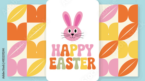 Retro style happy easter greeting card featuring a cute pink bunny and geometric patterns