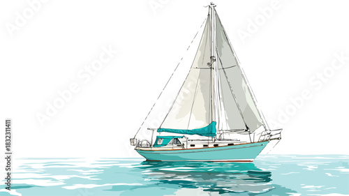 Turquoise Hull Sailboat Sailing on Water with White Sail - Nautical Adventure