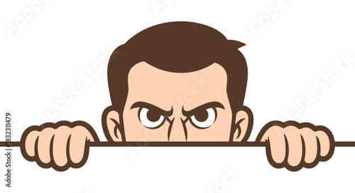 A man peeking over a surface with an intense and suspicious gaze.