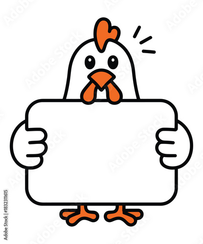 A cute cartoon chicken holds a blank sign with an excited expression.