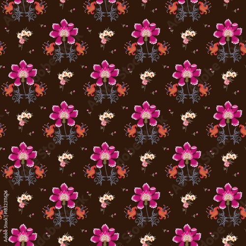 Embroidered flowers on dark brown background. Seamless floral pattern in vector.
