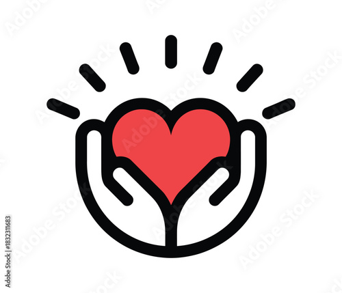 Hands gently hold a glowing red heart, symbolizing care and love.