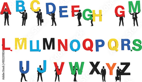 Full English alphabet vector set featuring colorful letters held by business professionals, symbolizing communication typography corporate messaging and team presentation