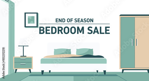 End of season bedroom sale advertisement with furniture and decorations