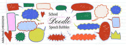 School doodle speech bubble set. Crayon drawn text box frame. Colorful kid irregular dialog balloon shapes. Funky charcoal scribble speech bubble. Childish chalk pencil elements.