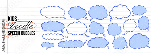 Crayon drawn cloud shapes. Naive kid doodle speech bubbles set. Funky abstract text box frame. Vector scribble childish balloon clouds for notes. School charcoal cute message elements.