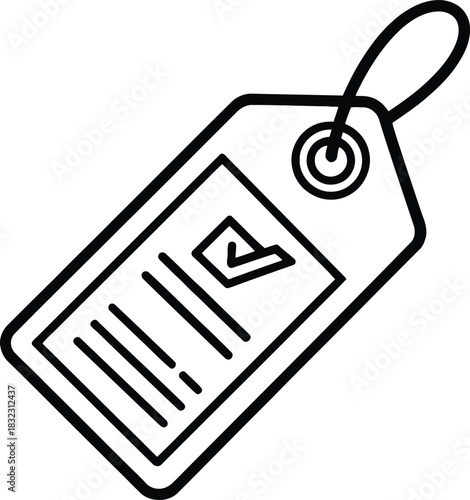 Outline drawing of a tag with a checkmark and lines representing text on a white background
