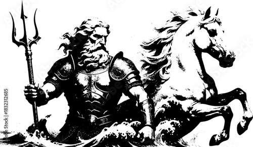 Poseidon with horse engraving, xerography tattoo style, Greek god trident illustration, black and white vector on transparent background