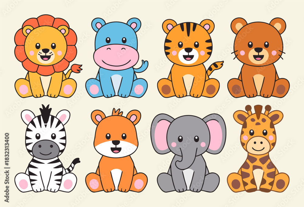 Fototapeta premium Cute Cartoon Animal Illustrations Featuring Lion Hippo Tiger Zebra and More for Kids