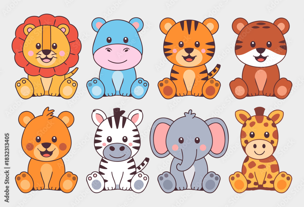 Obraz premium Playful Baby Animal Designs Perfect for Kids Parties and Decor Featuring Giraffe Lion Elephant and Tiger