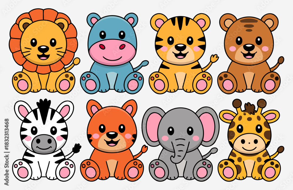 Obraz premium Adorable Baby Animal Illustrations for Kids Including Lion Hippo Tiger and Elephant