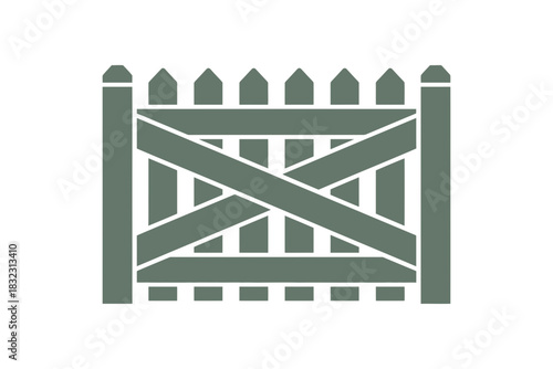 Illustration of a closed wooden gate with an x brace and pointed top pickets