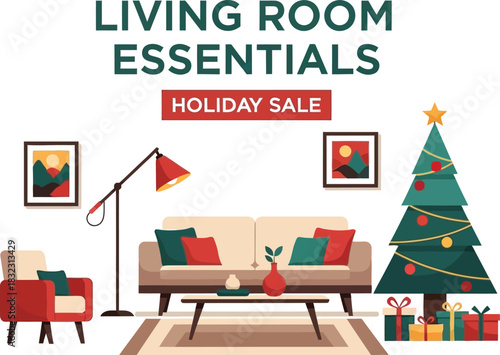 Holiday sale on living room essentials with a decorated christmas tree