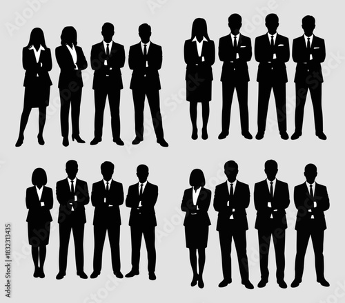 Professional Business Silhouette Icons Featuring Men and Women in Suits