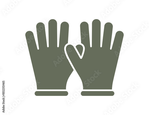 Illustration of two gray gloves with fingers and wrist protection displayed flat