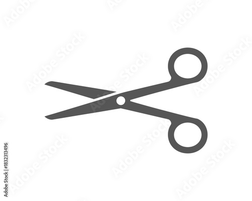 An illustration of open gray scissors with circular handles on a white background