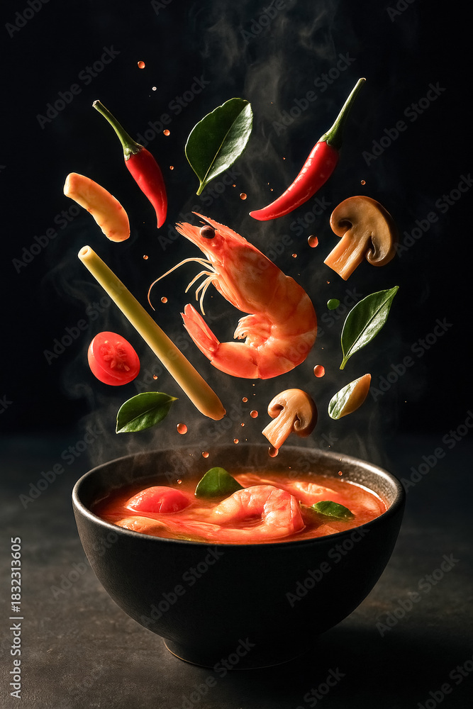 Fototapeta premium Cinematic high-end food photography of authentic Tom Yum soup in a dark minimalist bowl, illuminated by intense directional rim-light and deep shadows.