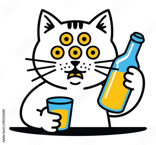 A whimsical cartoon cat with multiple eyes holds a bottle and glass of orange juice.
