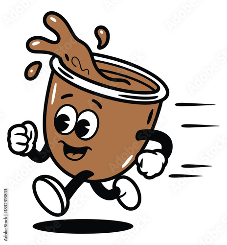 A cartoon coffee cup character is running with a splash of coffee spilling out of it.