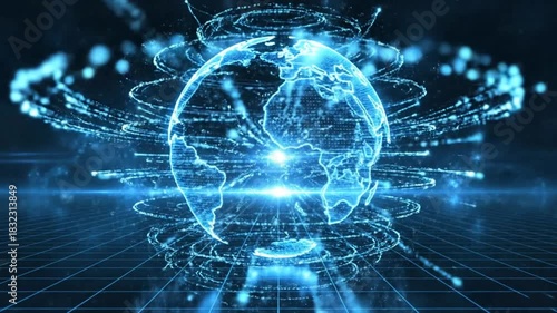 Digital world globe hologram over grid with africa continent centered in blue light technology style