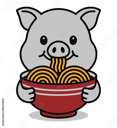 A cute cartoon pig happily eating a bowl of ramen noodles