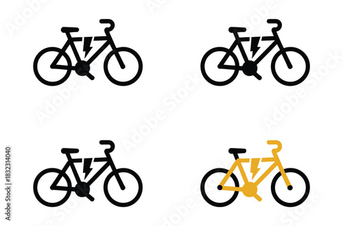 Four simple icons representing electric bicycles with a stylized lightning bolt symbol.