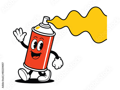 A cheerful cartoon spray paint can character waving and spraying yellow paint